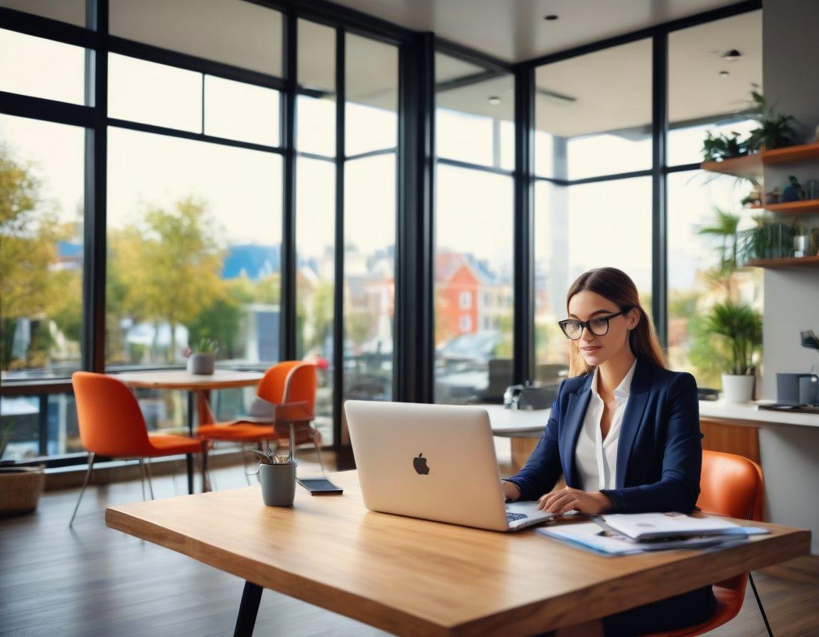 A dynamic scene showcasing a modern real estate agent working on a laptop in a stylish, open office filled with vibrant property images and marketing tools. Incorporate digital icons representing social media and blogging around the agent, symbolizing online engagement. The background features a glimpse of luxurious properties through large windows, blending traditional and digital marketing elements. This composition should convey energy, creativity, and professionalism. super-realistic. vibrant colors. 3D.