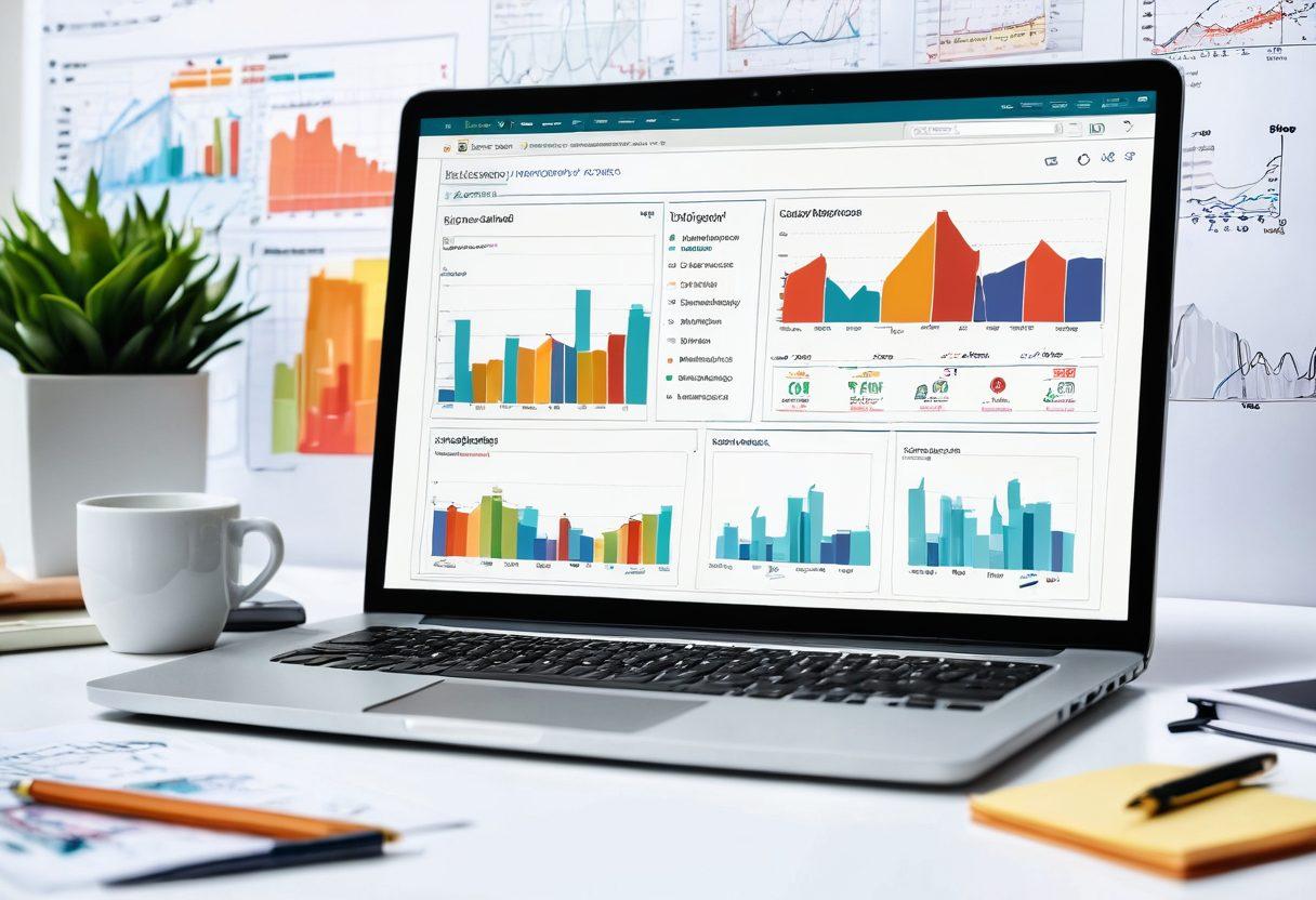 A visually engaging laptop screen displaying a dynamic blog page on real estate, surrounded by vibrant charts and graphs showing upward trends in property listings. Include a pen and notepad with brainstorming notes on the side. The background features abstract representations of cityscapes and property icons, symbolizing growth and opportunity. super-realistic. vibrant colors. white background.