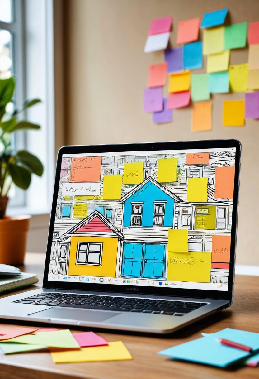 A sleek modern laptop with a dynamic graph of housing market trends displayed on the screen, surrounded by colorful sticky notes with handwritten tips. In the background, a warm and inviting home interior reflects a realty theme. Incorporate subtle elements of social media icons and UI design, signifying dynamic blogging. super-realistic. vibrant colors. warm tones.